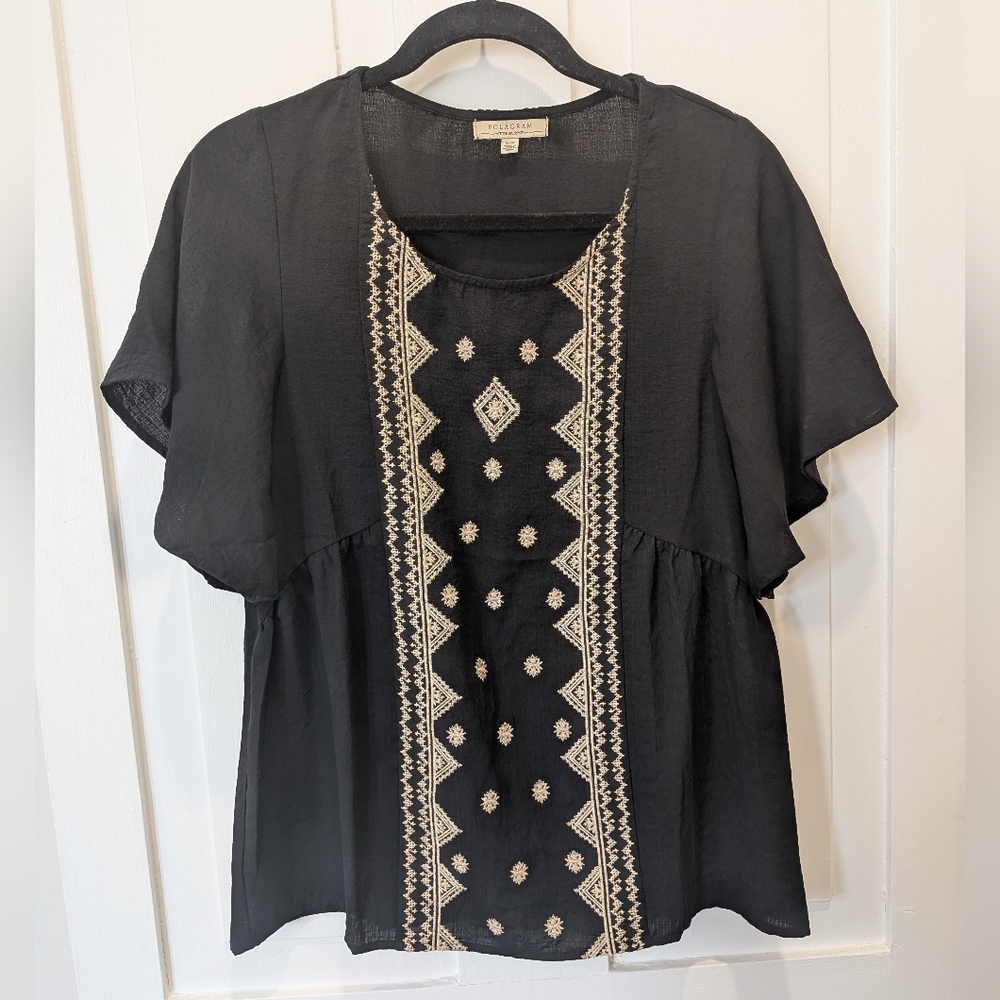 Polagram Black Embroidered Boho Flutter Sleeve Blouse | Small
